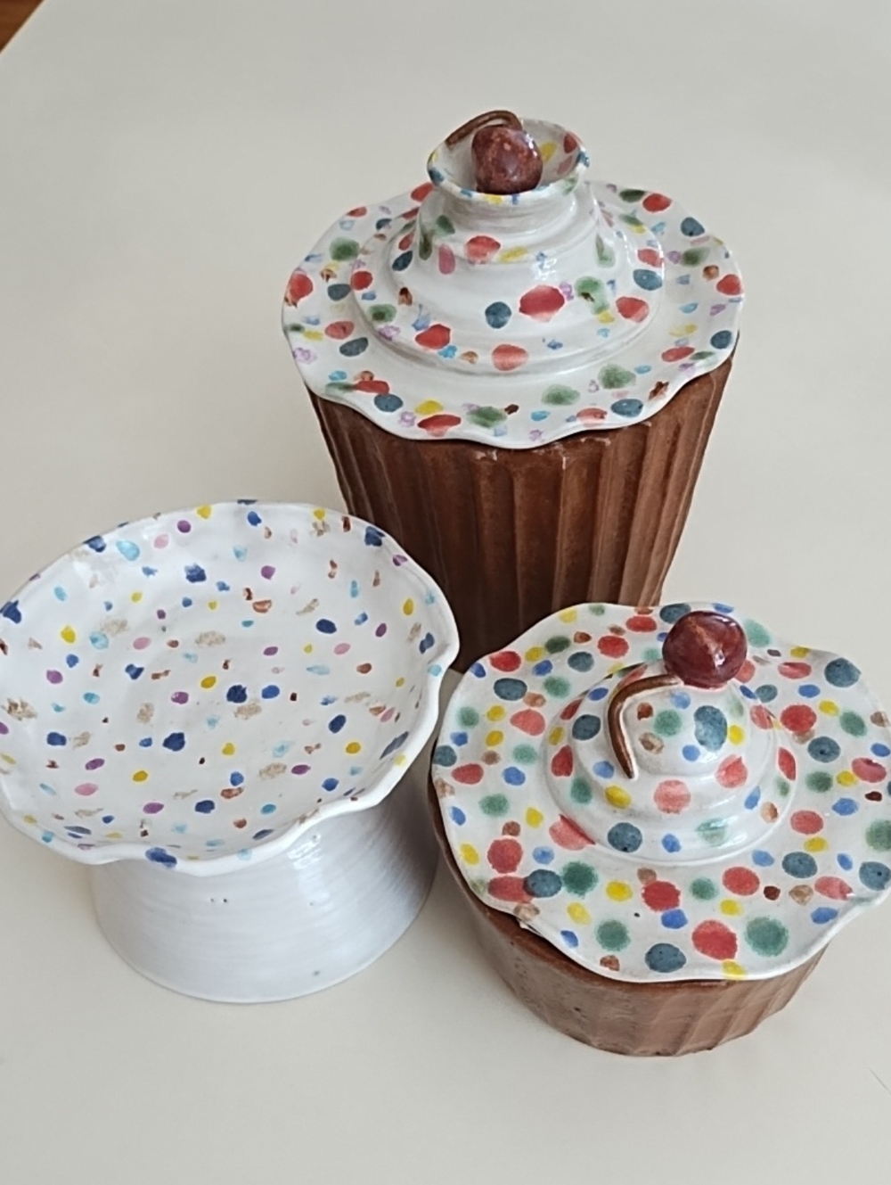 Speckled Ceramic Canister Trio in White with Multicolor Dots